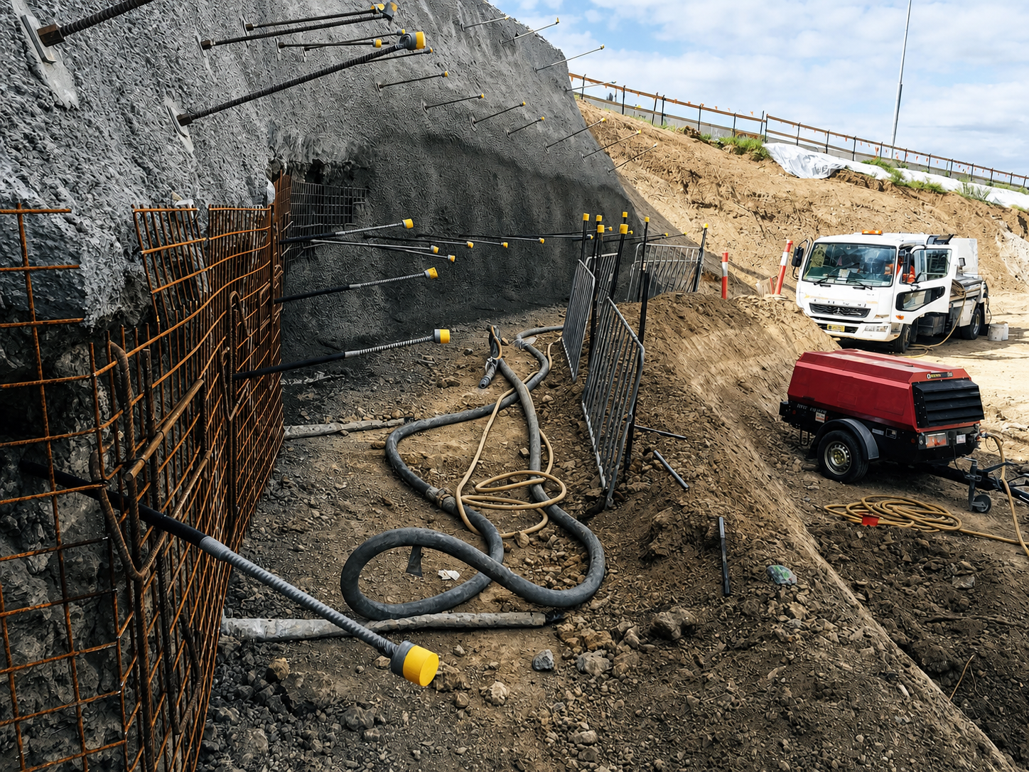 Civil shotcrete works with reinforcement and site equipment in Sydney